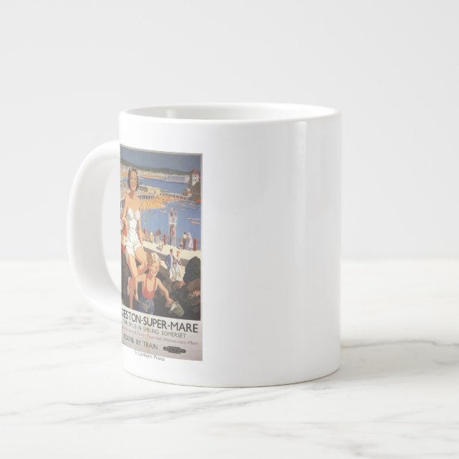Mutter u. Sohn auf Strand-Eisenbahn-Plakat Jumbo-Tasse (Vorderseite Links)
