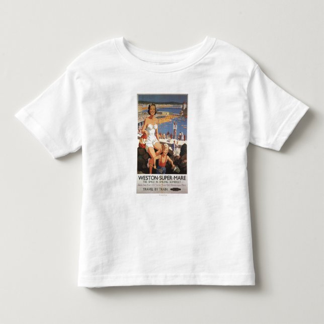 Mutter u. Sohn auf Strand-Eisenbahn-Plakat Kleinkind T-shirt (Vorderseite)