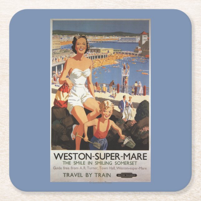 Mutter u. Sohn auf Strand-Eisenbahn-Plakat Rechteckiger Pappuntersetzer (Vorderseite)