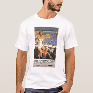 Mutter u. Sohn auf Strand-Eisenbahn-Plakat T-Shirt