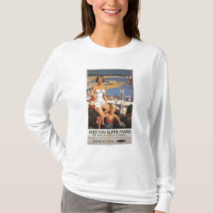 Mutter u. Sohn auf Strand-Eisenbahn-Plakat T-Shirt