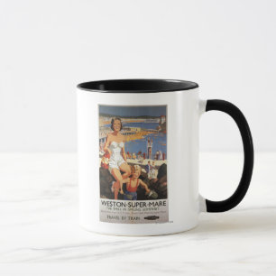 Mutter u. Sohn auf Strand-Eisenbahn-Plakat Tasse