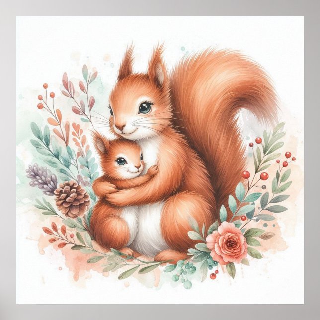 Mutter und Baby Eichhörnchen Poster (Vorne)