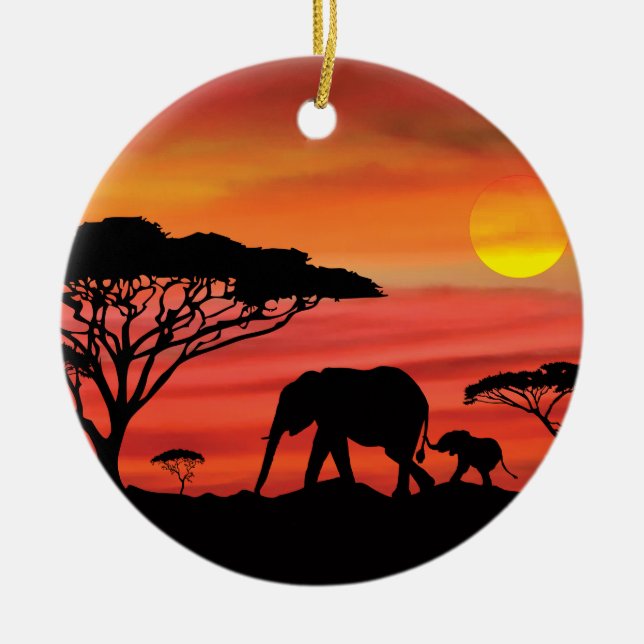 Mutter und Baby Elefant in der Serengeti Keramik Ornament (Vorne)