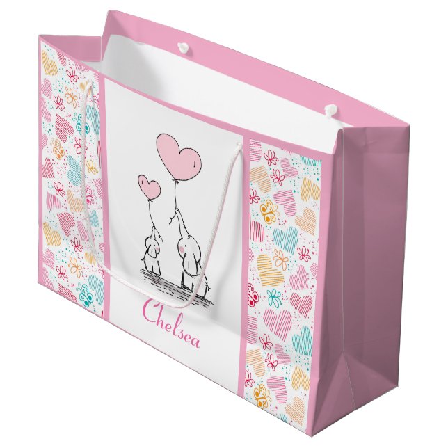Mutter und Baby Elefanten mit bunten Herzen Große Geschenktüte (Vorderseite Schrägansicht)