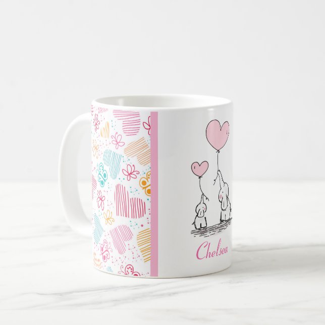 Mutter und Baby Elefanten mit bunten Herzen Kaffeetasse (Vorderseite Links)