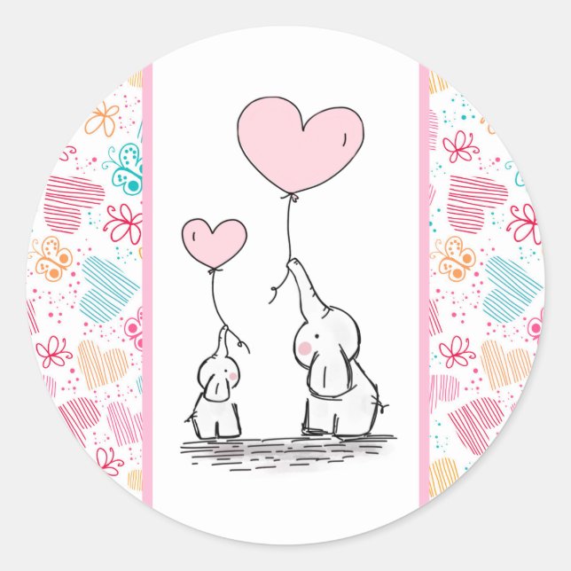 Mutter und Baby Elefanten mit bunten Herzen Runder Aufkleber (Vorderseite)