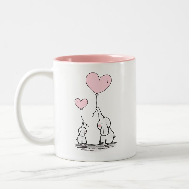 Mutter und Baby Elefanten mit Herzblasen Zweifarbige Tasse (Links)