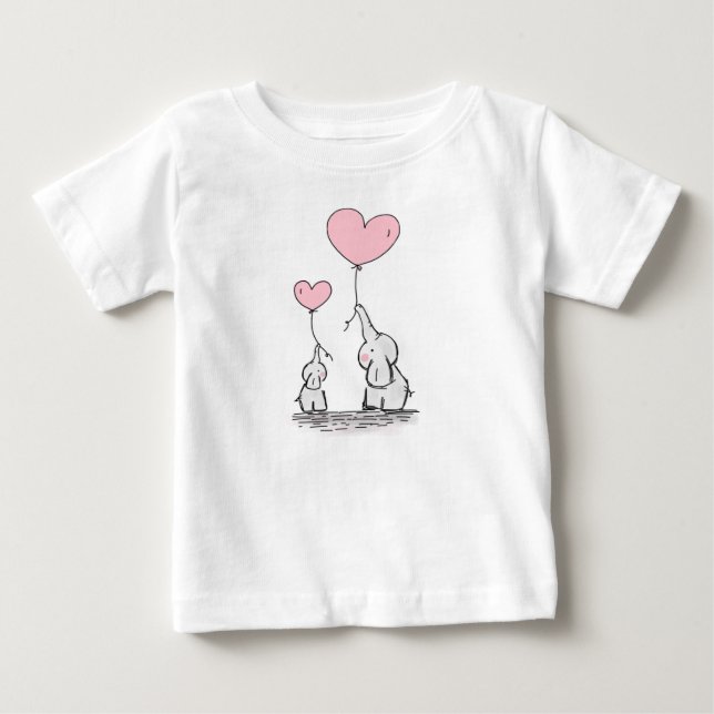 Mutter-und Baby-Elefanten mit rosa Herz-Ballonen Baby T-shirt (Vorderseite)