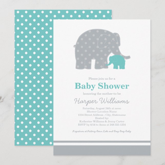 Mutter und Baby Elephant Dusche Aqua Blue und Grau Einladung (Vorne/Hinten)