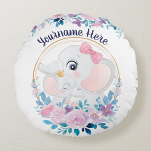 Mutter und Baby Elephant Pink Blush Blume Kranz Rundes Kissen