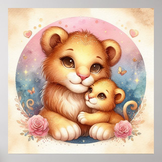Mutter und Baby Löwe Poster (Vorne)