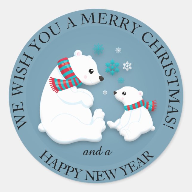 Mutter und Baby Polar Bär Frohe Weihnachten Runder Aufkleber (Vorderseite)