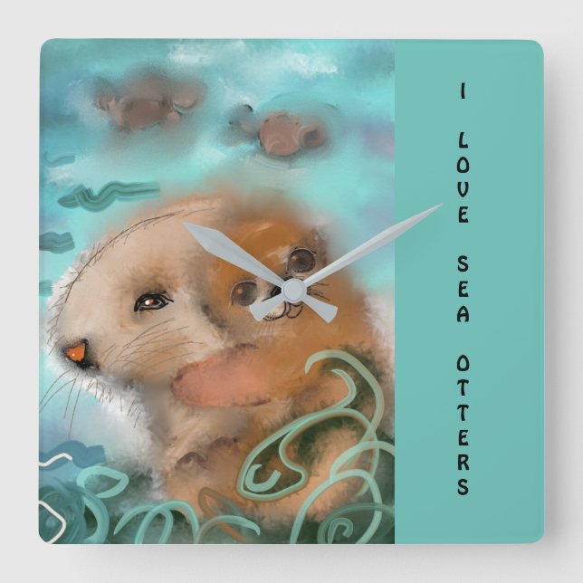"Mutter-und Baby-Seeotter " Quadratische Wanduhr (Vorderseite)
