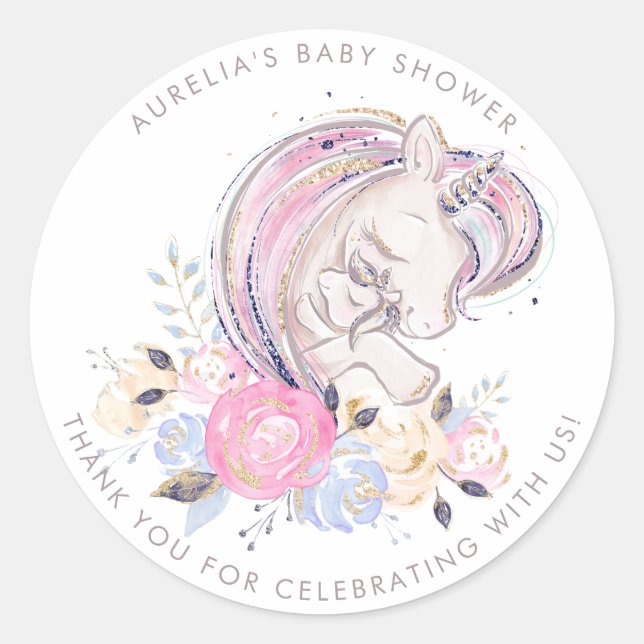 Mutter und Baby Unicorn Kinderdusche Danke Runder Aufkleber (Vorderseite)