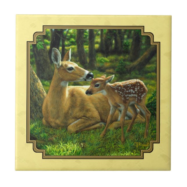 Mutter und Baby Whitetail Deer Yellow Fliese (Vorderseite)