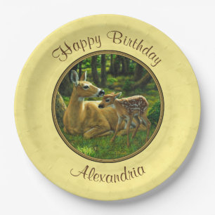 Mutter und Baby Whitetail Deer Yellow Pappteller