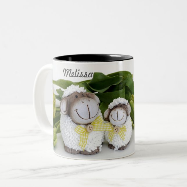 MUTTER- UND DAUGHERSCHAFE OSTERE ZWEIFARBIGE TASSE (Vorderseite Links)