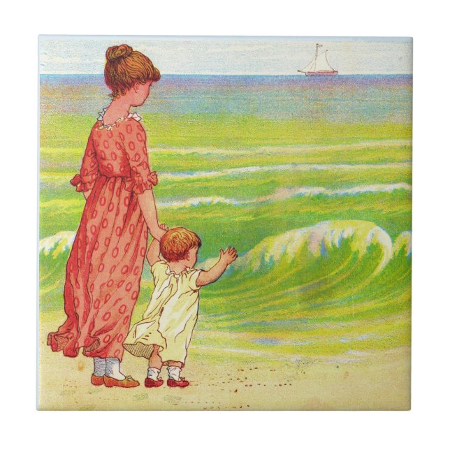 Mutter und Kind am Strand Fliese (Vorderseite)