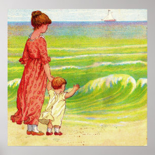 Mutter und Kind am Strand Poster