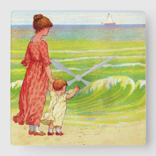 Mutter und Kind am Strand Quadratische Wanduhr