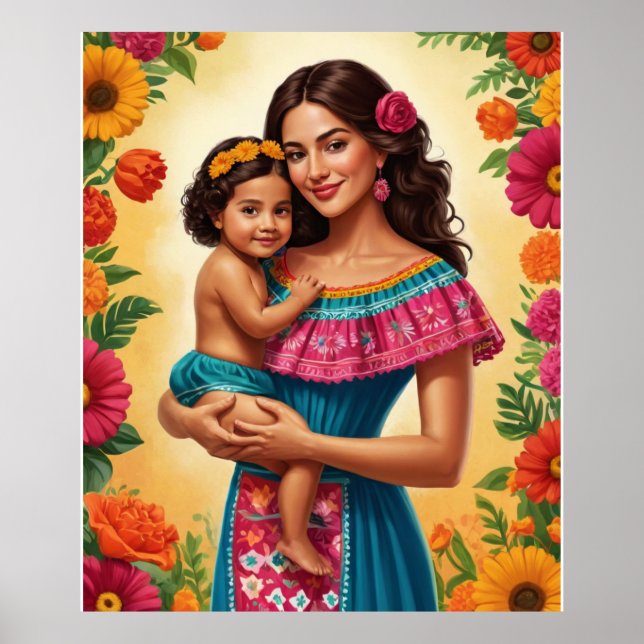 Mutter und Kind in traditionell mexikanischem Klei Poster (Vorne)