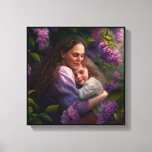 Mutter und Kind umarmten unter einem Lilac Bush Leinwanddruck