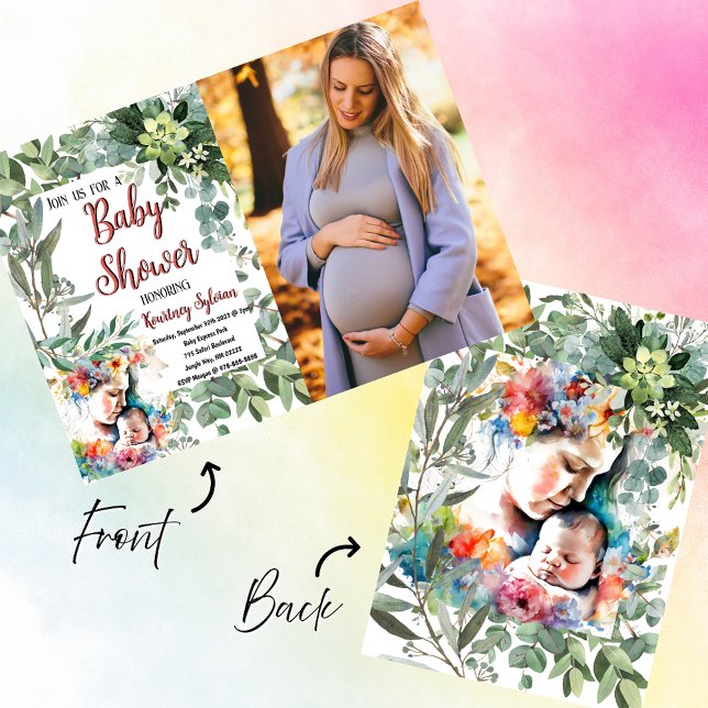 Mutter und Kind Wasserfarbe Foto Kinderdusche Einladung (🌿 Mother & Child Watercolor Photo Baby Shower Invitation – Elegance Meets Personal Touch! 💕✨)