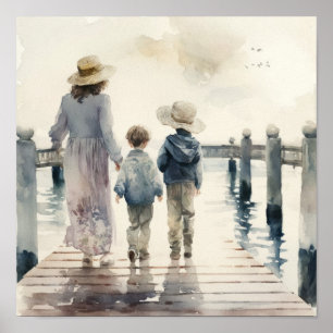 Mutter und Kinder am Meer Poster