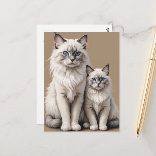 Mutter und Kitten Ragdoll Cat Artwork Herzerwärmun Postkarte (Vorderseite/Rückseite Beispiel)