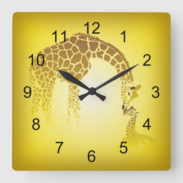 Mutter und niedliches Gelb der Baby-Giraffe | Quadratische Wanduhr (Vorderseite)