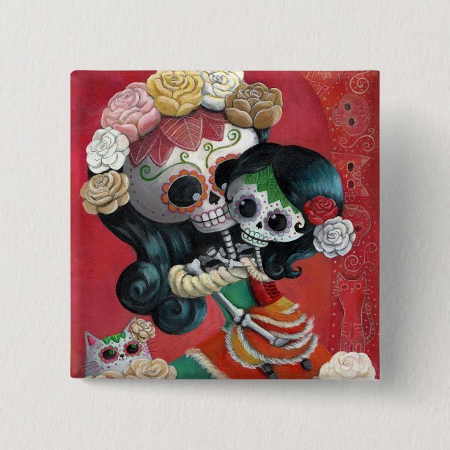 Mutter und Tochter Dia de Los Muertos Skeletons Button (Vorderseite)