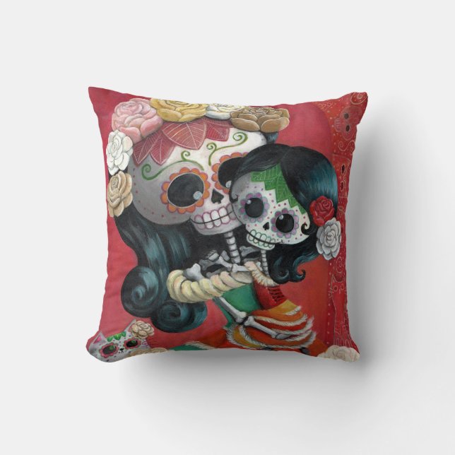 Mutter und Tochter Dia de Los Muertos Skeletons Kissen (Vorderseite)
