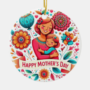 Mutter und Tochter umarmen sich Floral Mother's Da Keramik Ornament