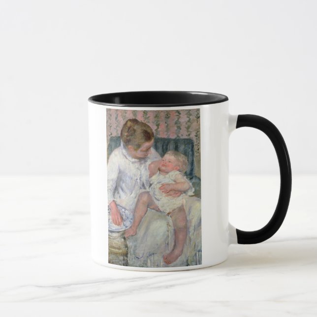 Mutter ungefähr, zum ihres schläfrigen Kindes, Tasse (Rechts)