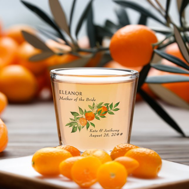 Mutter von Bride Orange Blossom Citrus Hochzeit Schnapsglas (Wedding Party shot glass gifts from the Orange Blossom Wedding Collection by Darling & May)