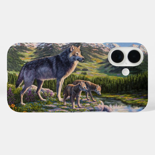 Mutter Wolf & Welpen Bergflusstal iPhone 16 Hülle (Rückseite (Horizontal))