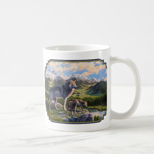 Mutter Wolf & Welpen Bergflusstal Kaffeetasse (Rechts)
