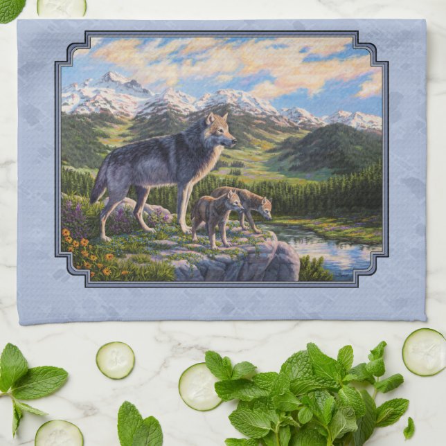 Mutter Wolf & Welpen Bergflusstal Küchentuch (Gefaltet)