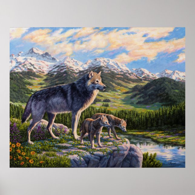 Mutter Wolf & Welpen Bergflusstal Poster (Vorne)