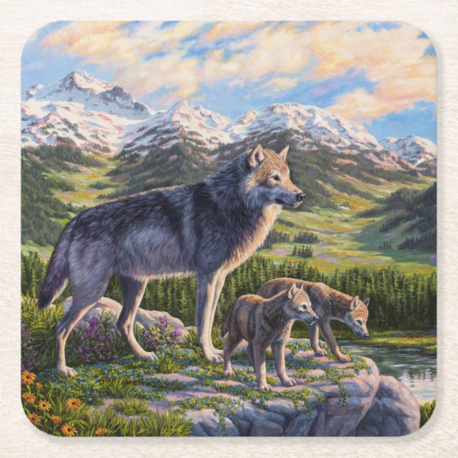 Mutter Wolf & Welpen Bergflusstal Rechteckiger Pappuntersetzer (Vorderseite)