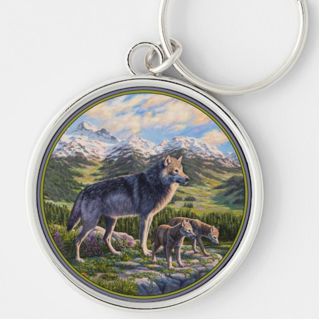 Mutter Wolf & Welpen Bergflusstal Schlüsselanhänger (Vorne)