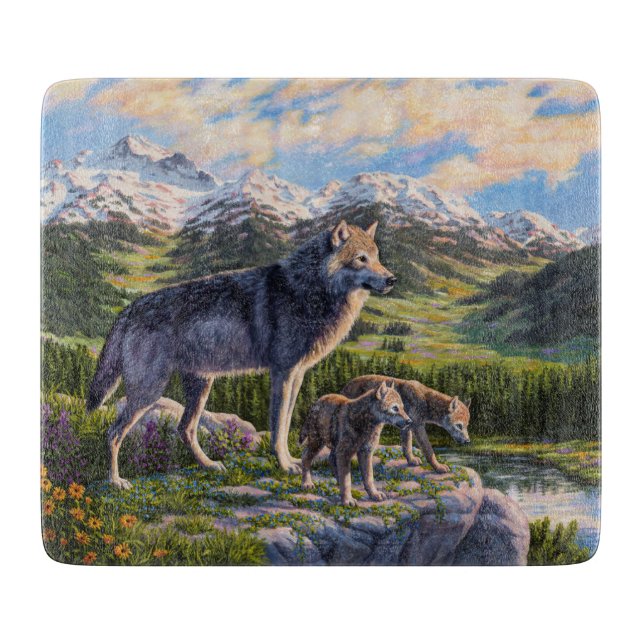 Mutter Wolf & Welpen Bergflusstal Schneidebrett (Vorderseite)