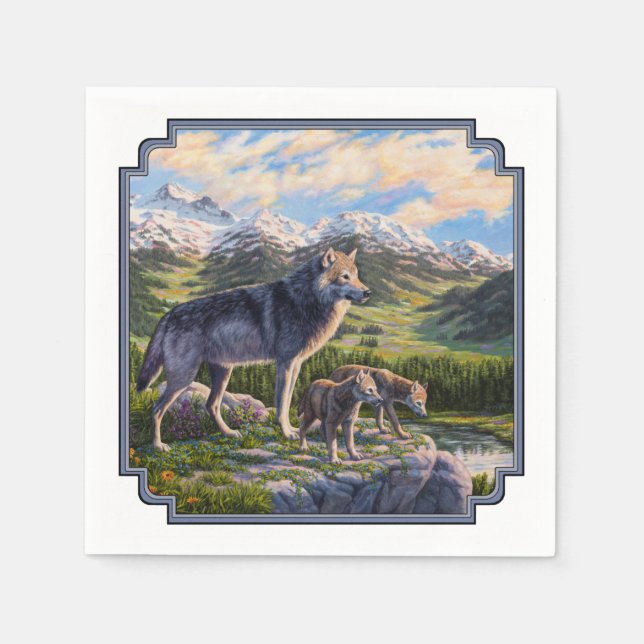 Mutter Wolf & Welpen Bergflusstal Serviette (Vorderseite)
