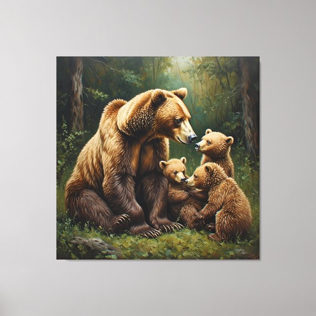 Mutterbär mit Kneipen in einer Waldlandschaft Leinwanddruck (Vorderseite)