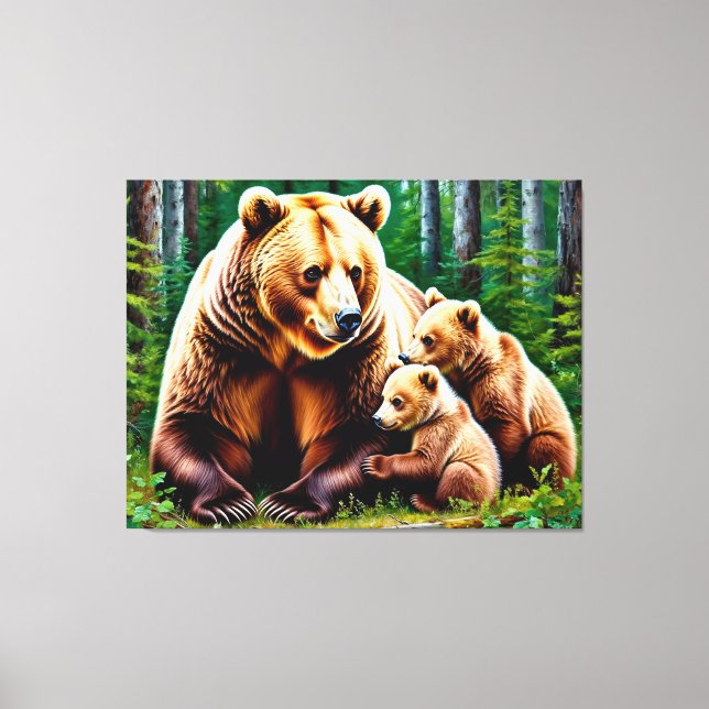 Mutterbär mit Kneipen in einer Waldlandschaft Leinwanddruck (Vorderseite)