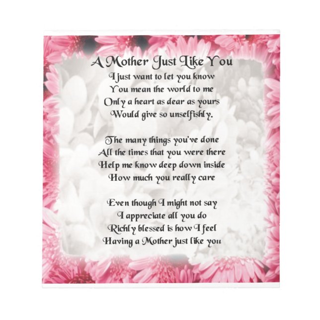 Muttergedicht - rosa Blumendesign Notizblock (Vorderseite)