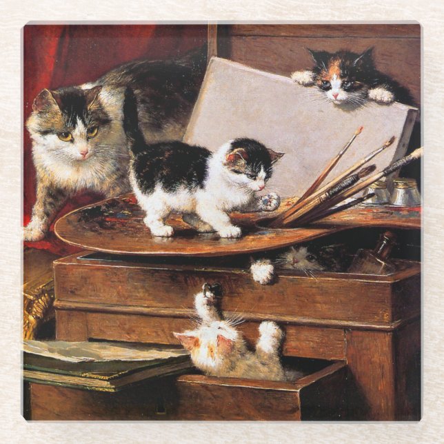 Mutterkatze und Kätzchen am Tisch Glasuntersetzer (Vorderseite)