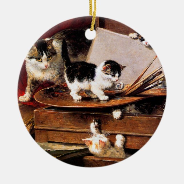 Mutterkatze und Kätzchen am Tisch Keramik Ornament (Vorne)