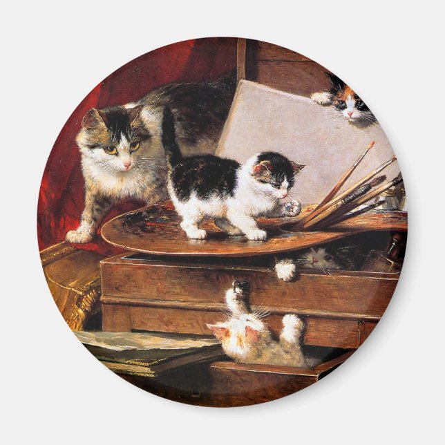 Mutterkatze und Kätzchen am Tisch Magnet (Vorne)